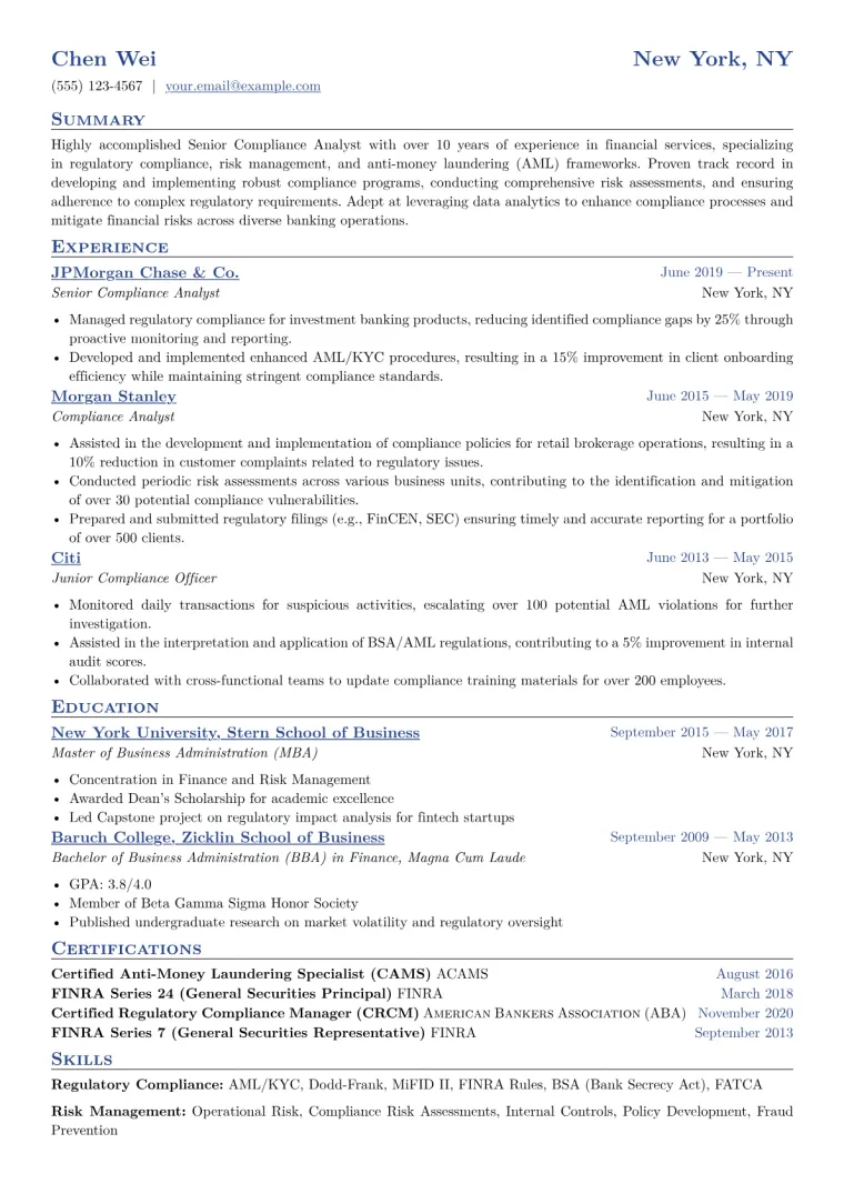 Senior Compliance Analyst Resume Example CV template preview