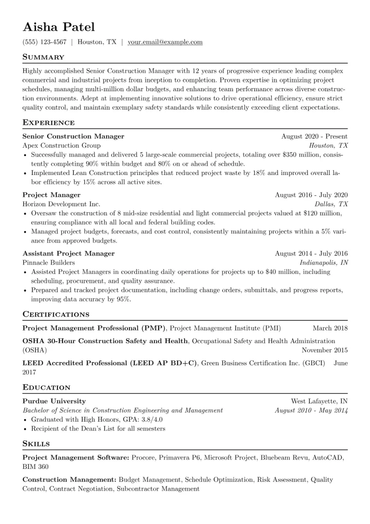 Senior Construction Manager Resume Example CV template preview