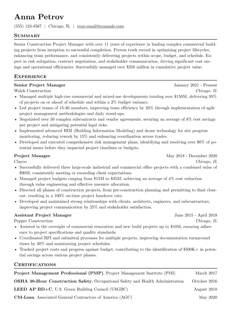 Senior Construction Project Manager Resume Example CV template preview