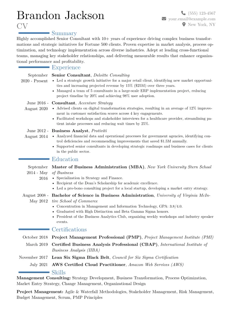 Senior Consultant Resume Example CV template preview