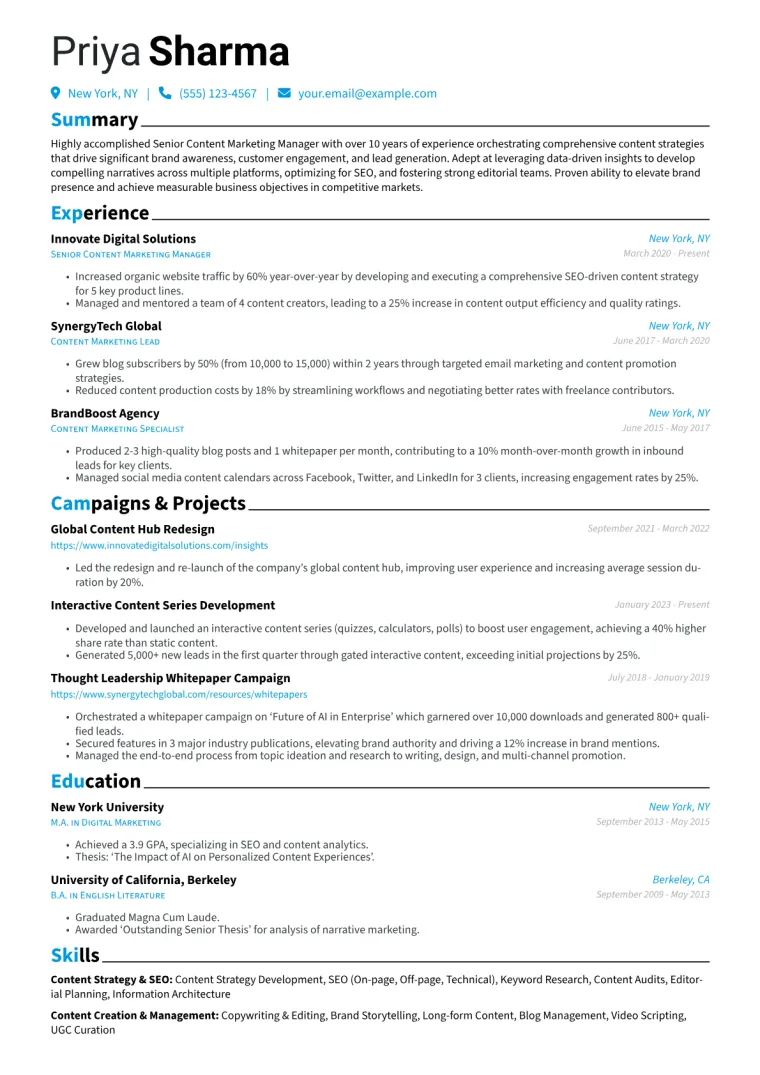 Senior Content Marketing Manager Resume Example CV template preview