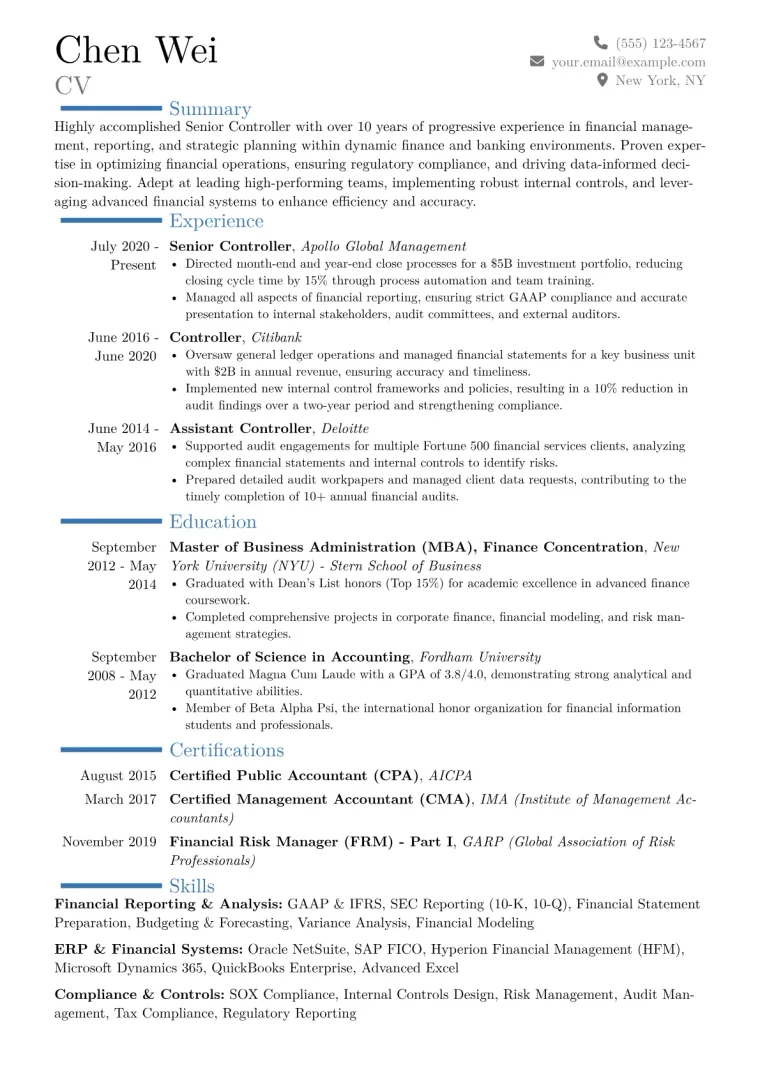 Senior Controller Resume Example CV template preview