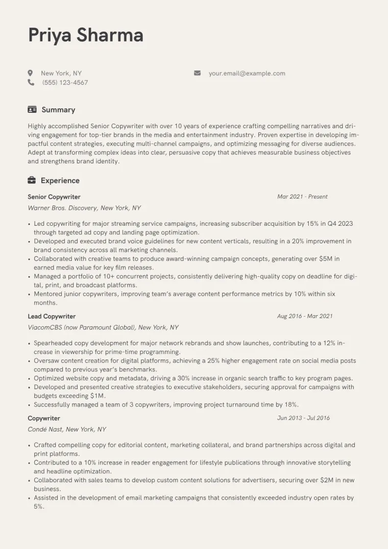 Senior Copywriter Resume Example CV template preview
