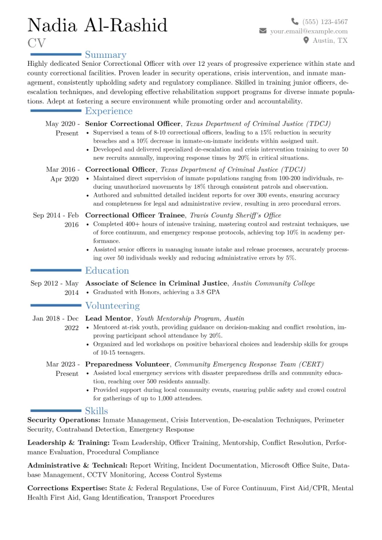 Senior Correctional Officer Resume Example CV template preview