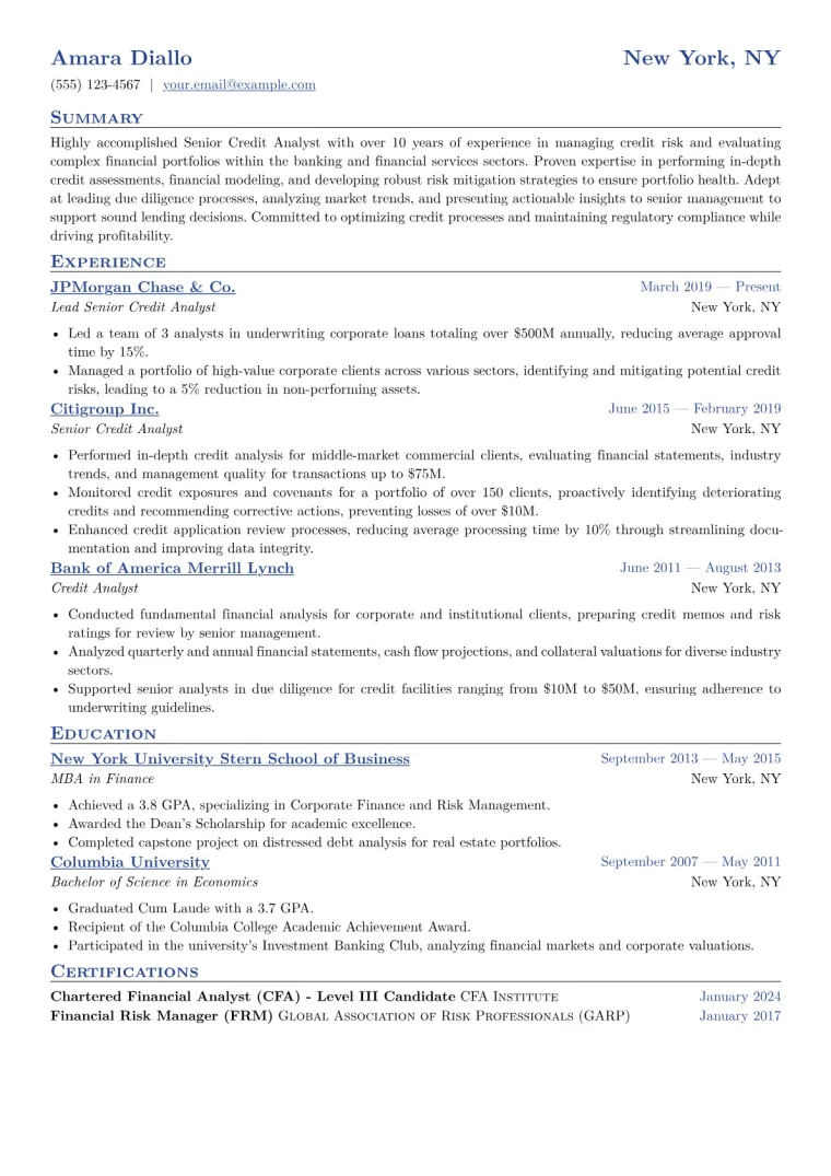 Senior Credit Analyst Resume Example CV template preview