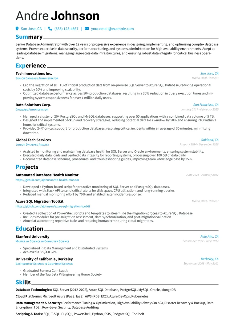 Senior Database Administrator Resume Example CV template preview