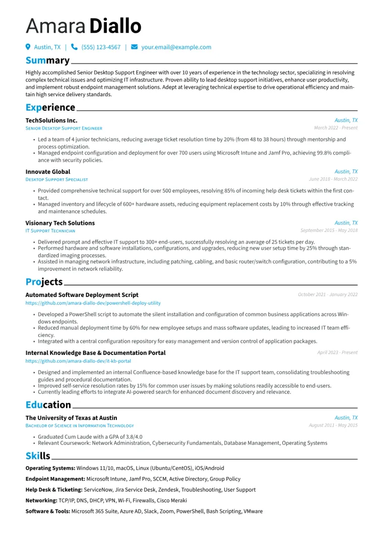 Senior Desktop Support Engineer Resume Example CV template preview
