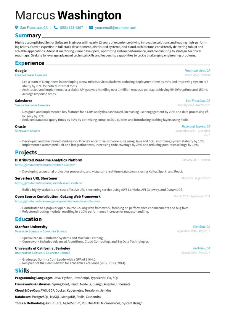 Senior Developer Resume Example CV template preview