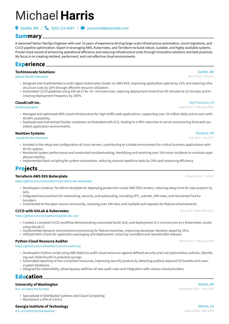 Senior DevOps Engineer Resume Example CV template preview