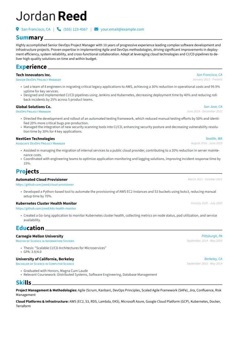 Senior DevOps Project Manager Resume Example CV template preview