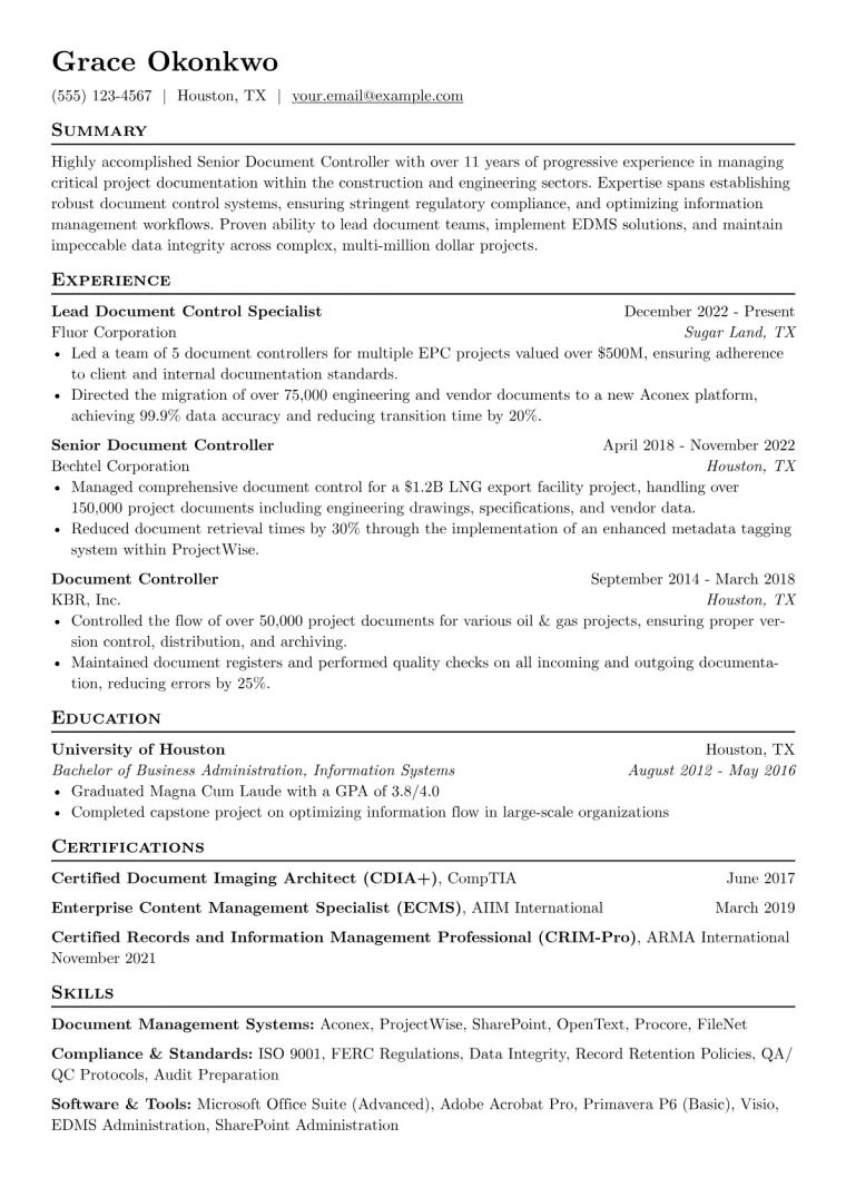 Senior Document Controller Resume Example CV template preview