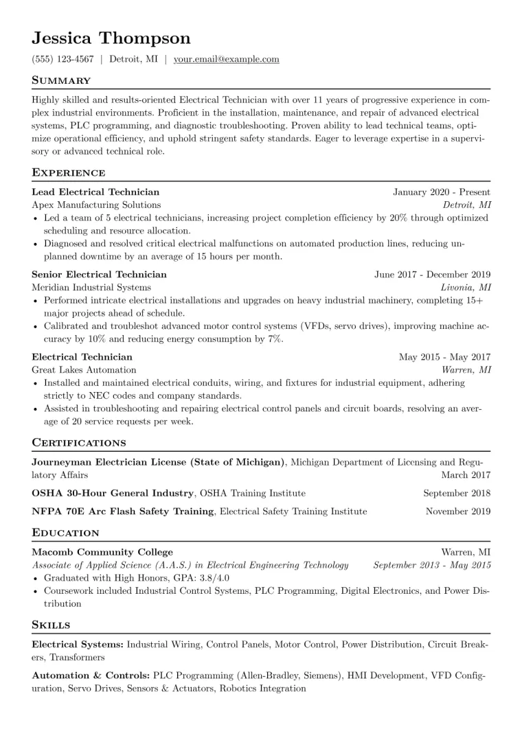 Senior Electrical Technician Resume Example CV template preview