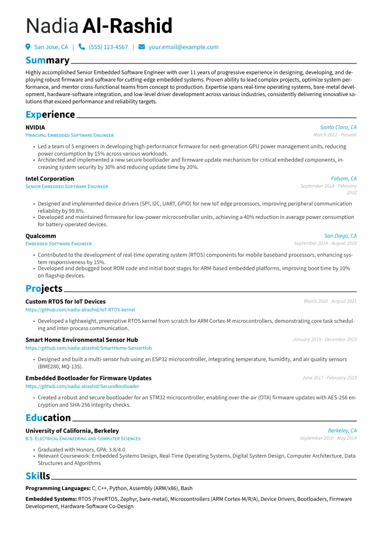 Senior Embedded Software Engineer Resume Example CV template preview
