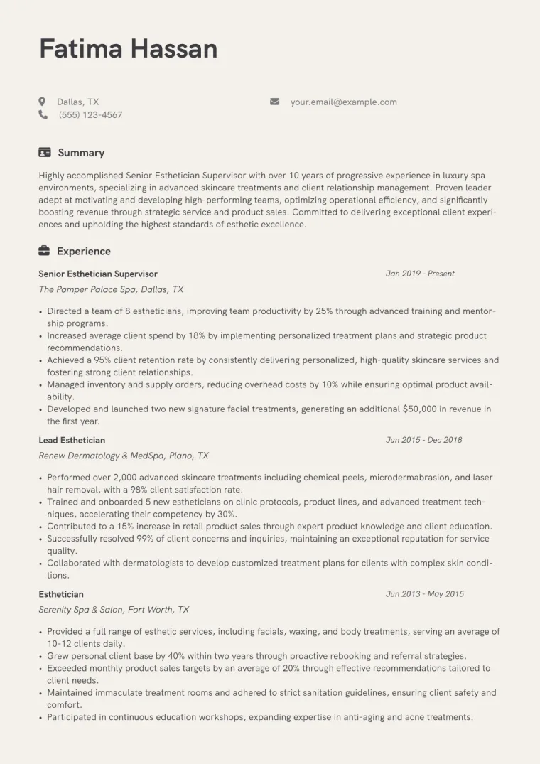 Senior Esthetician Supervisor Resume Example CV template preview
