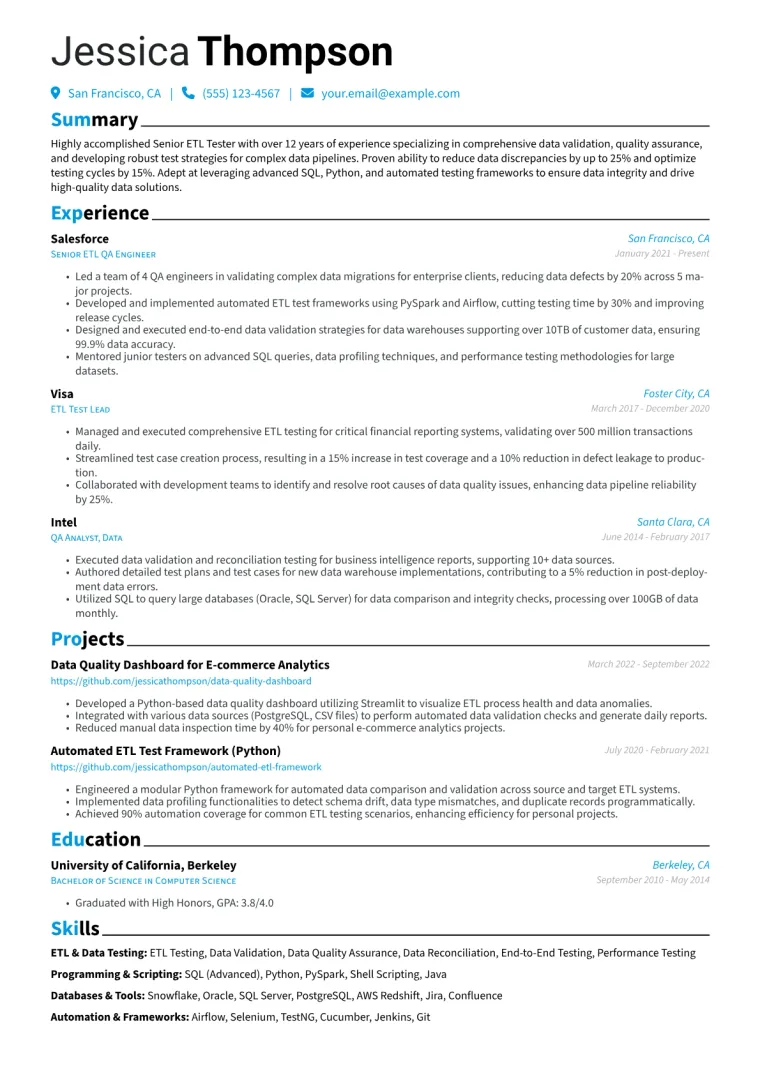 Senior ETL Tester Resume Example preview