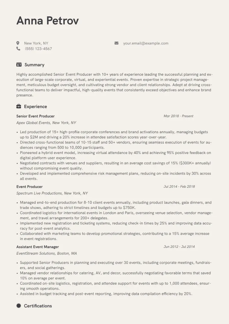 Senior Event Producer Resume Example CV template preview