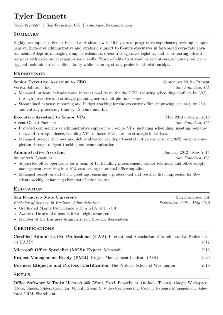 Senior Executive Assistant Resume Example CV template preview