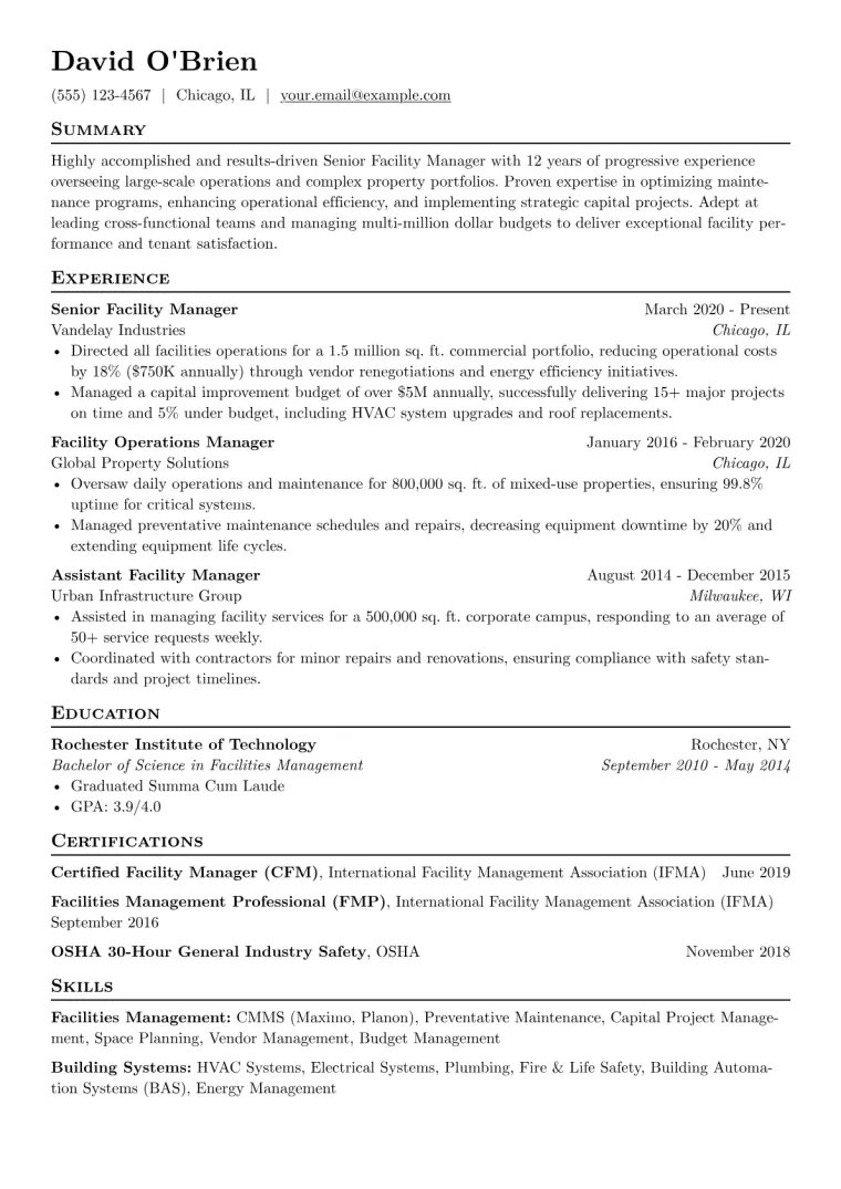 Senior Facility Manager Resume Example preview