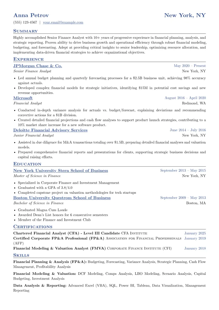 Senior Finance Analyst Resume Example CV template preview