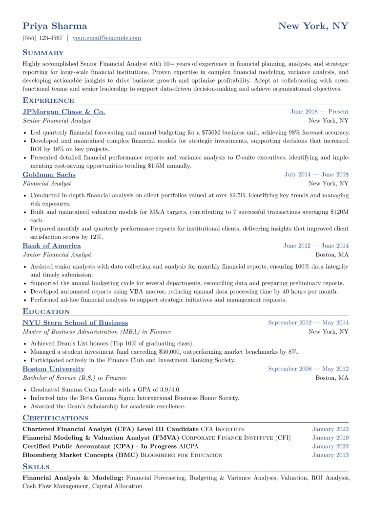 Senior Financial Analyst Resume Example CV template preview