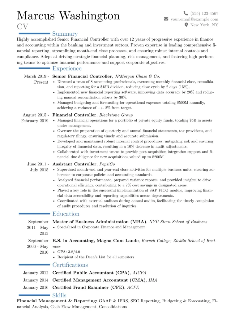 Senior Financial Controller Resume Example CV template preview
