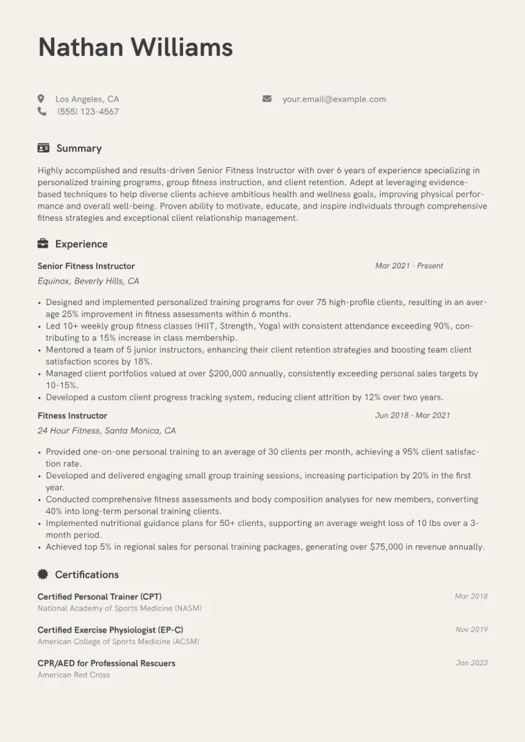 Senior Fitness Instructor Resume Example CV template preview