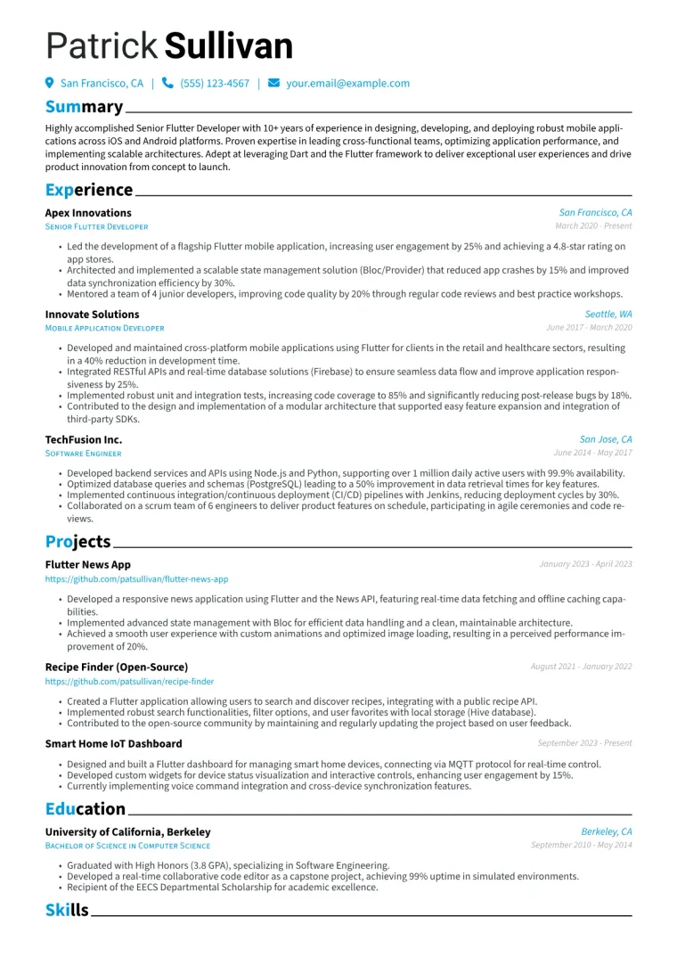 Senior Flutter Developer Resume Example CV template preview