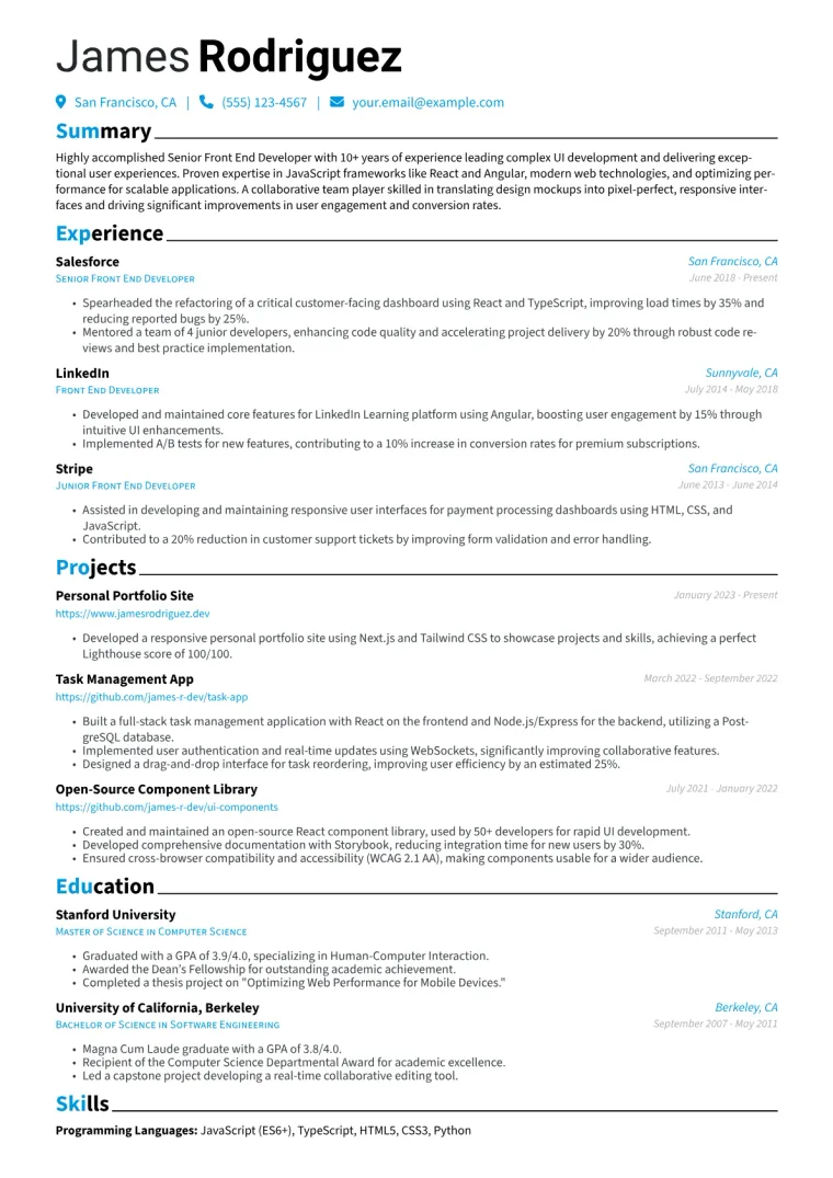 Senior Front End Developer Resume Example CV template preview