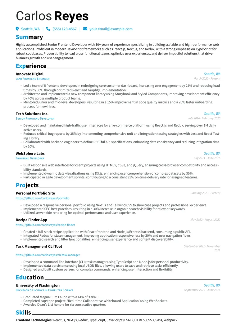 Senior Frontend Developer Resume Example CV template preview