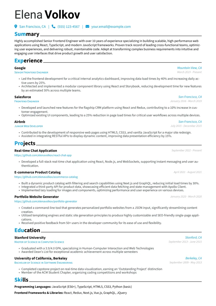 Senior Frontend Engineer Resume Example CV template preview