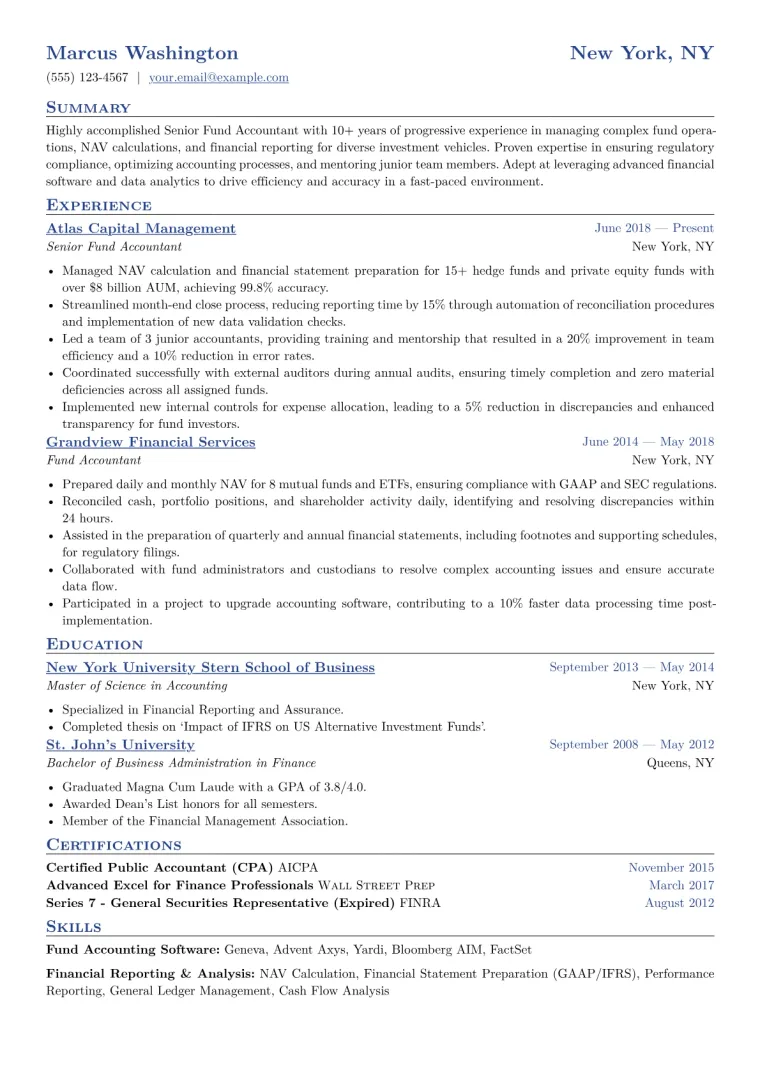 Senior Fund Accountant Resume Example CV template preview
