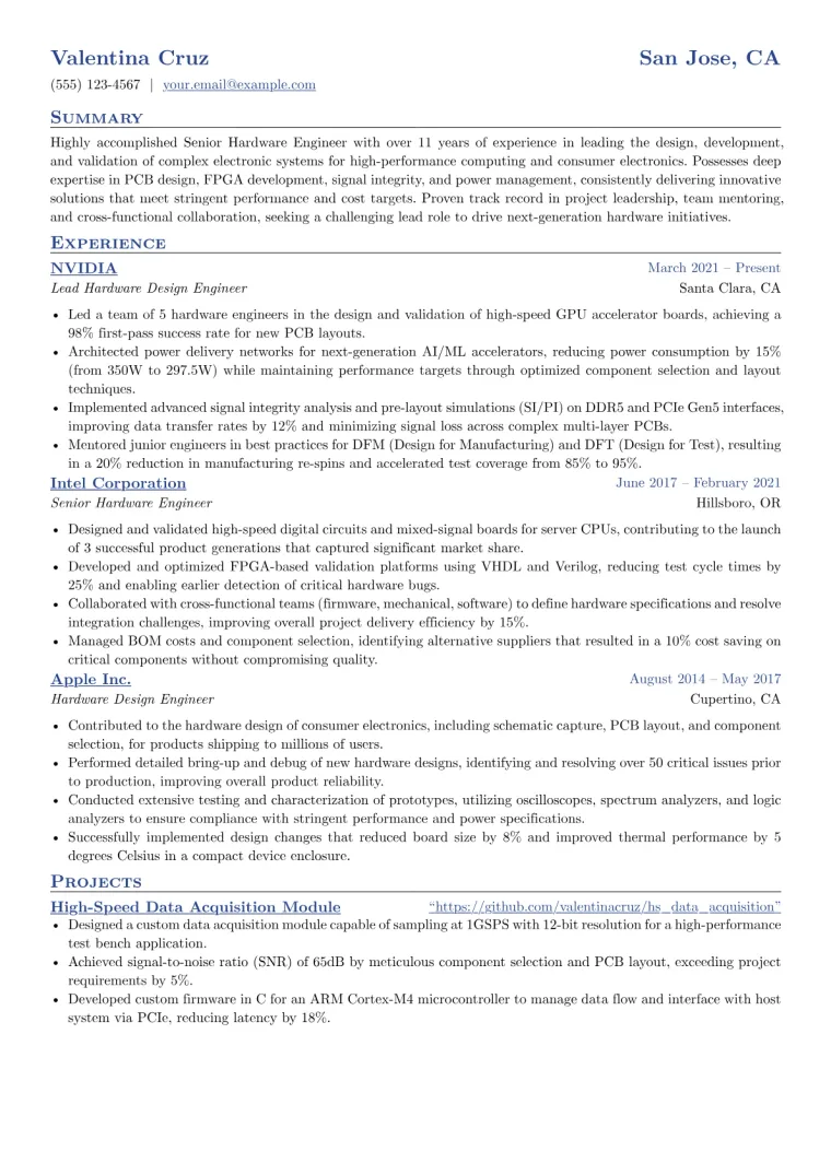 Senior Hardware Engineer Resume Example CV template preview