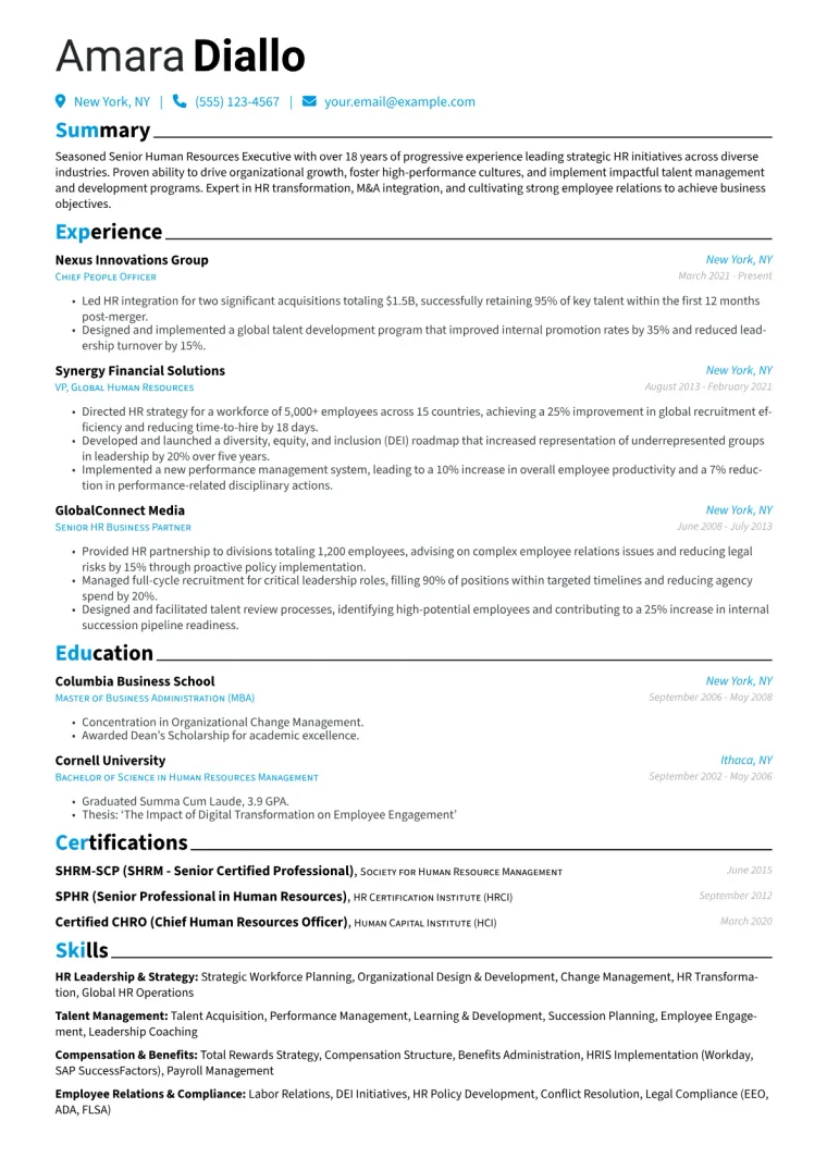 Senior Human Resources Executive Resume Example CV template preview
