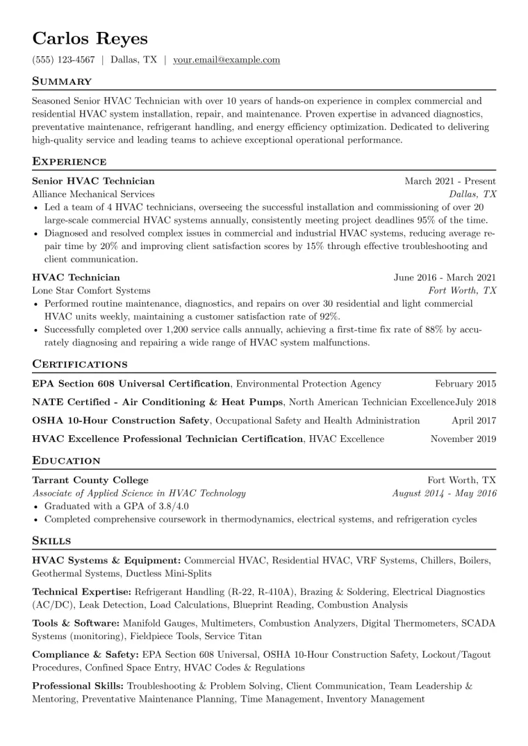 Senior HVAC Technician Resume Example preview