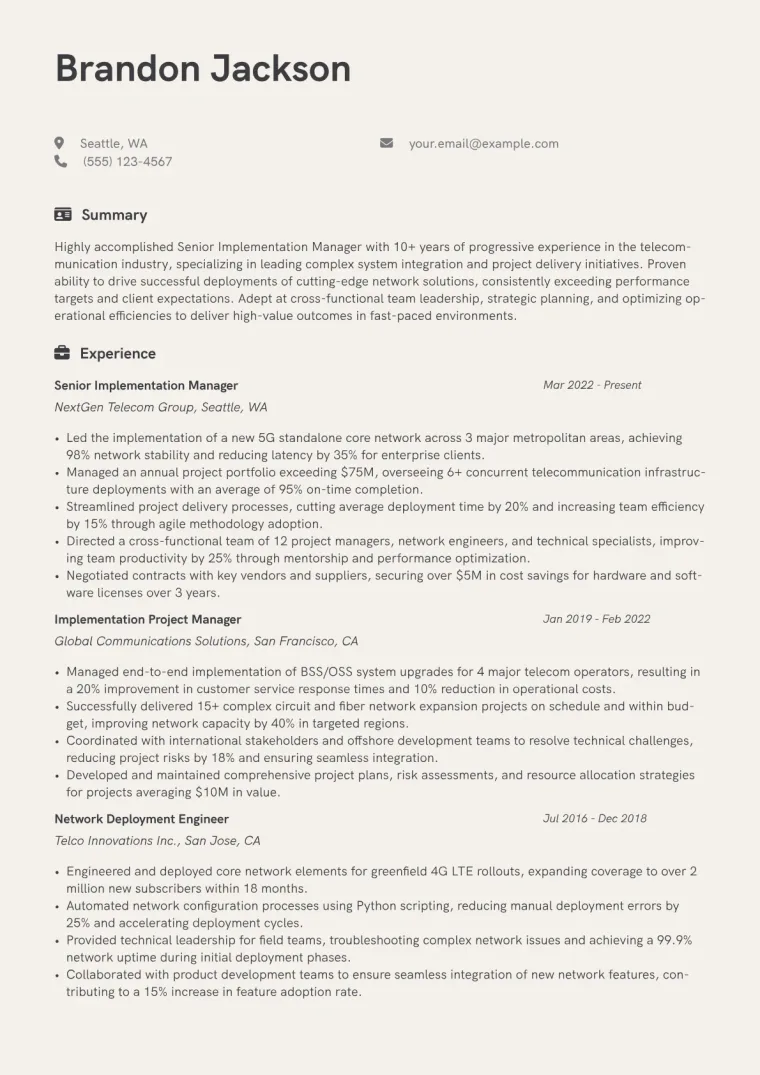 Senior Implementation Manager Telecommunication Resume Example CV template preview