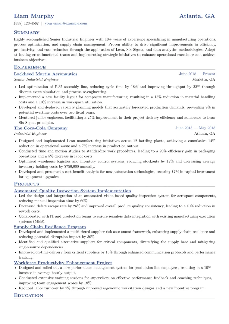 Senior Industrial Engineer Resume Example CV template preview