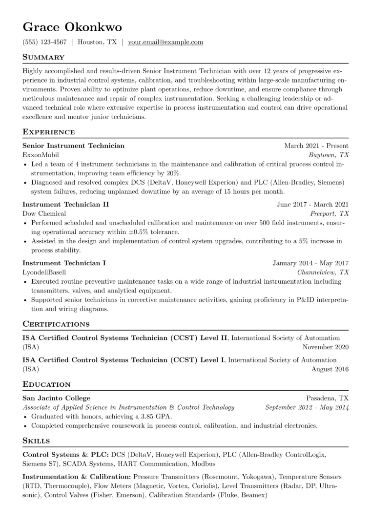 Senior Instrument Technician Resume Example CV template preview