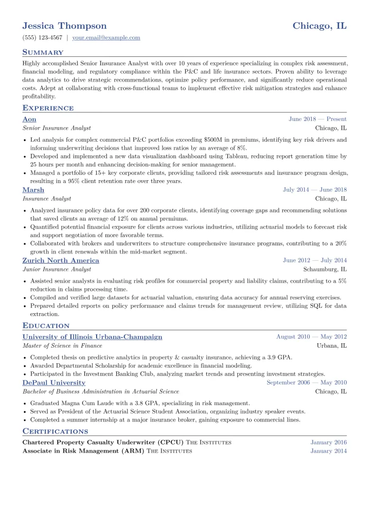 Senior Insurance Analyst Resume Example CV template preview