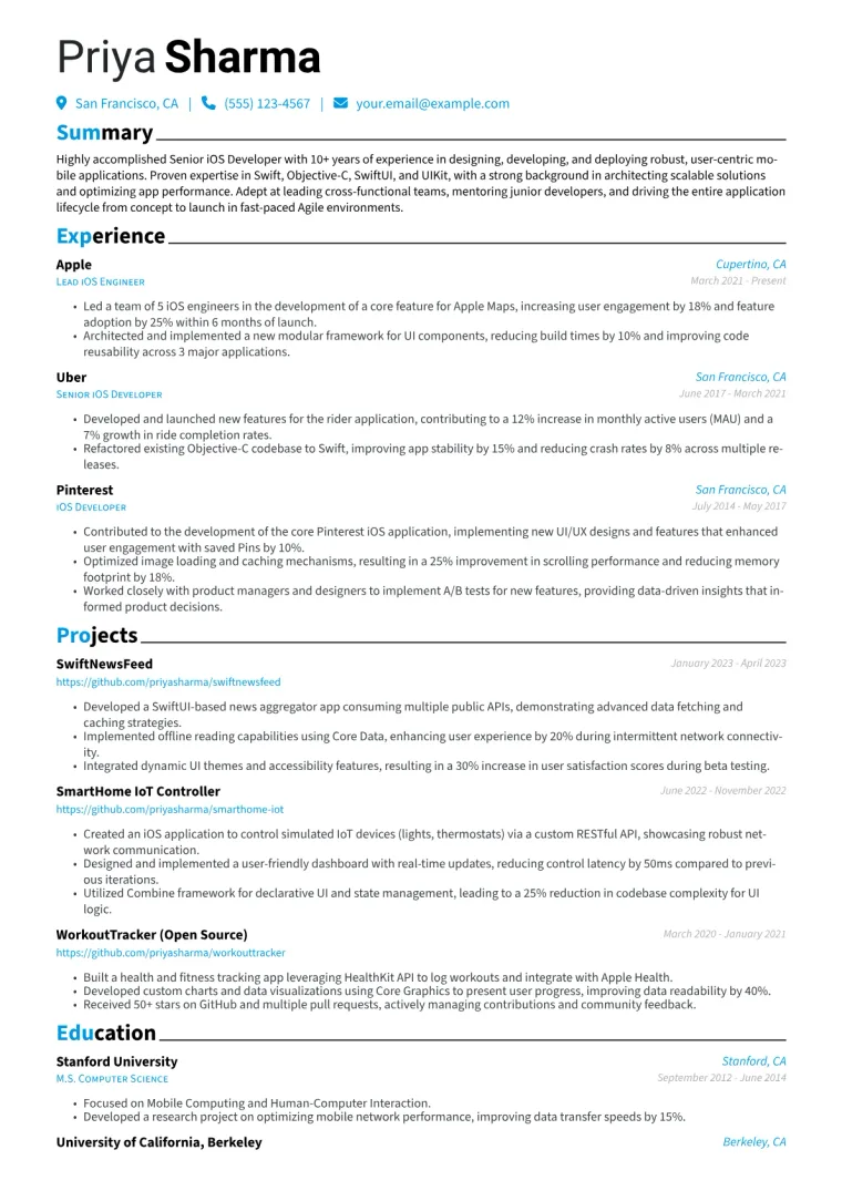 Senior iOS Developer Resume Example CV template preview