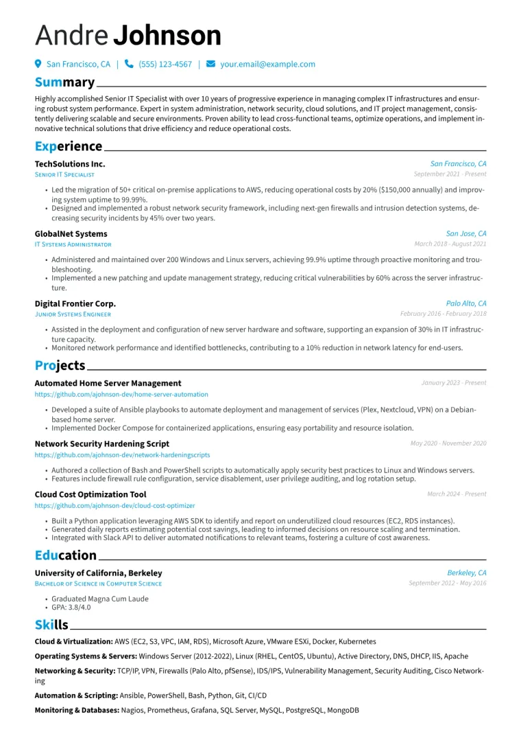 Senior IT Specialist Resume Example CV template preview