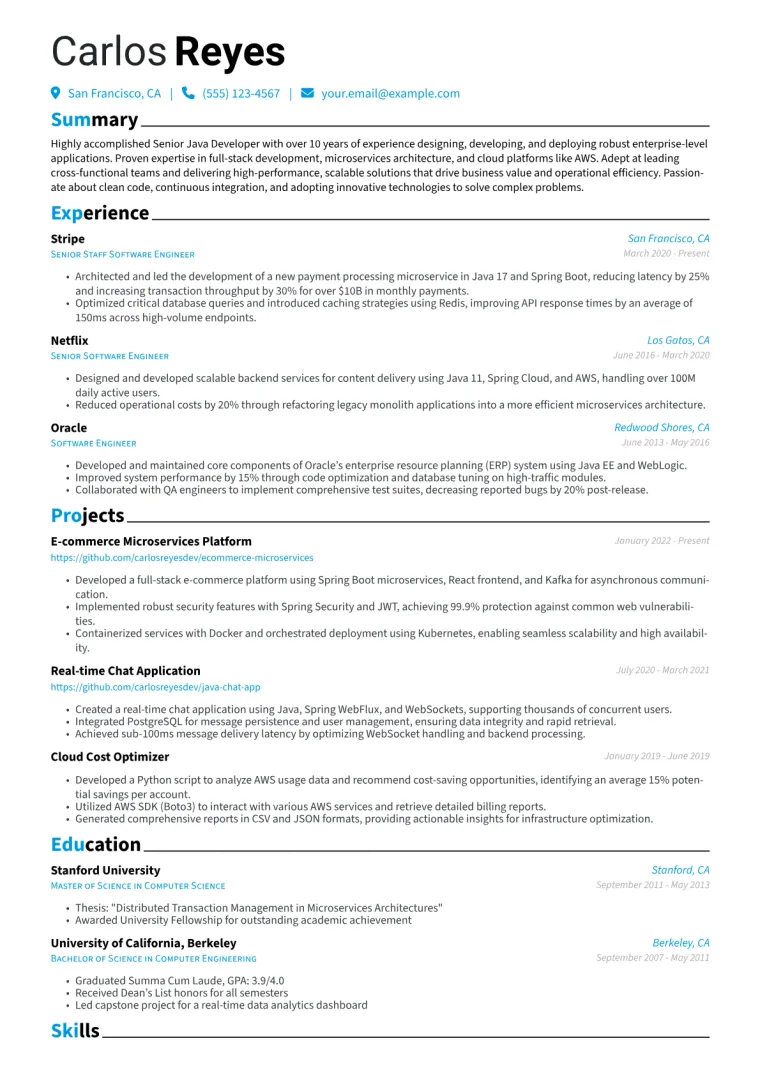 Senior Java Developer Resume Example CV template preview