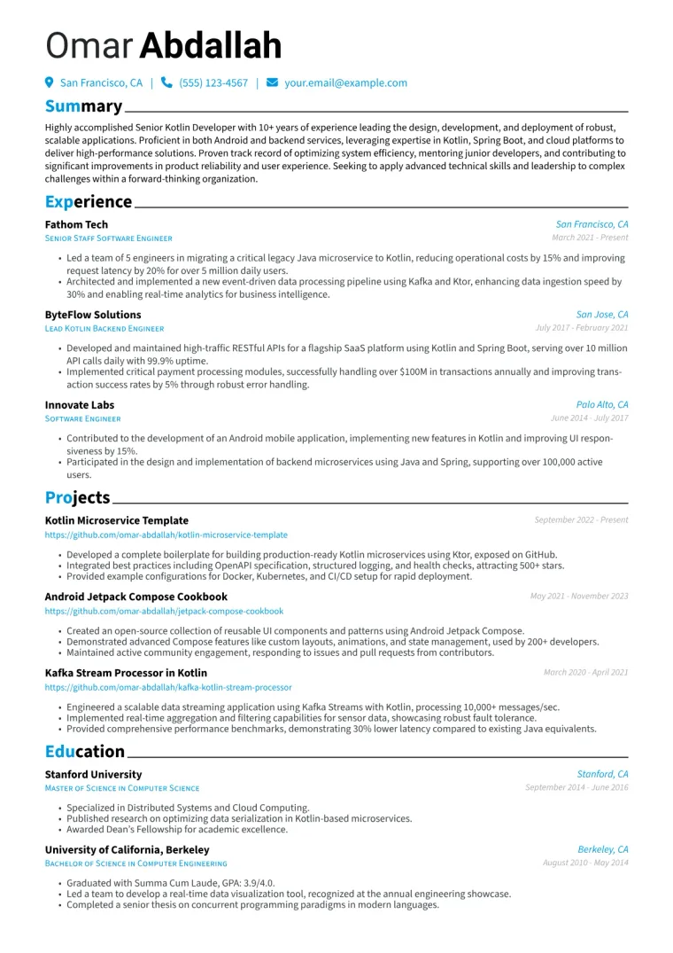 Senior Kotlin Developer Resume Example CV template preview
