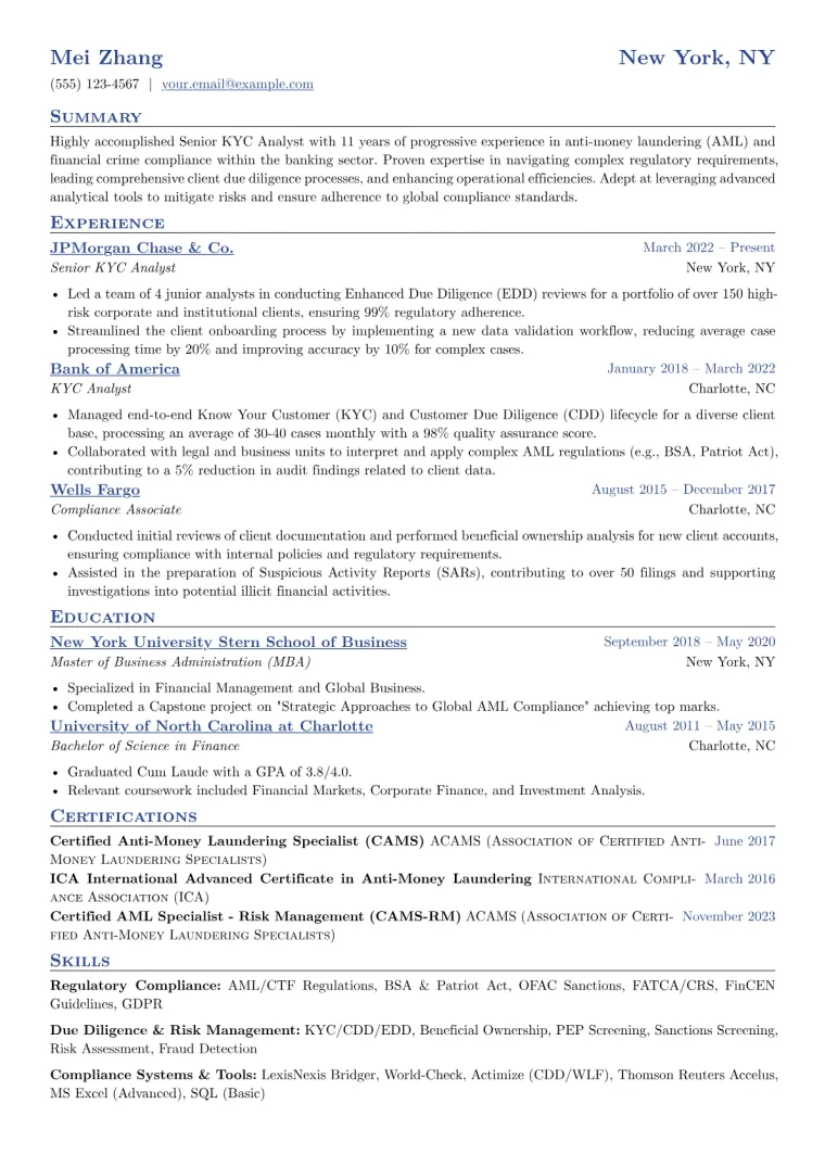 Senior KYC Analyst Resume Example preview