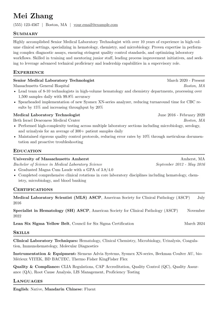 Senior Laboratory Technician Resume Example CV template preview