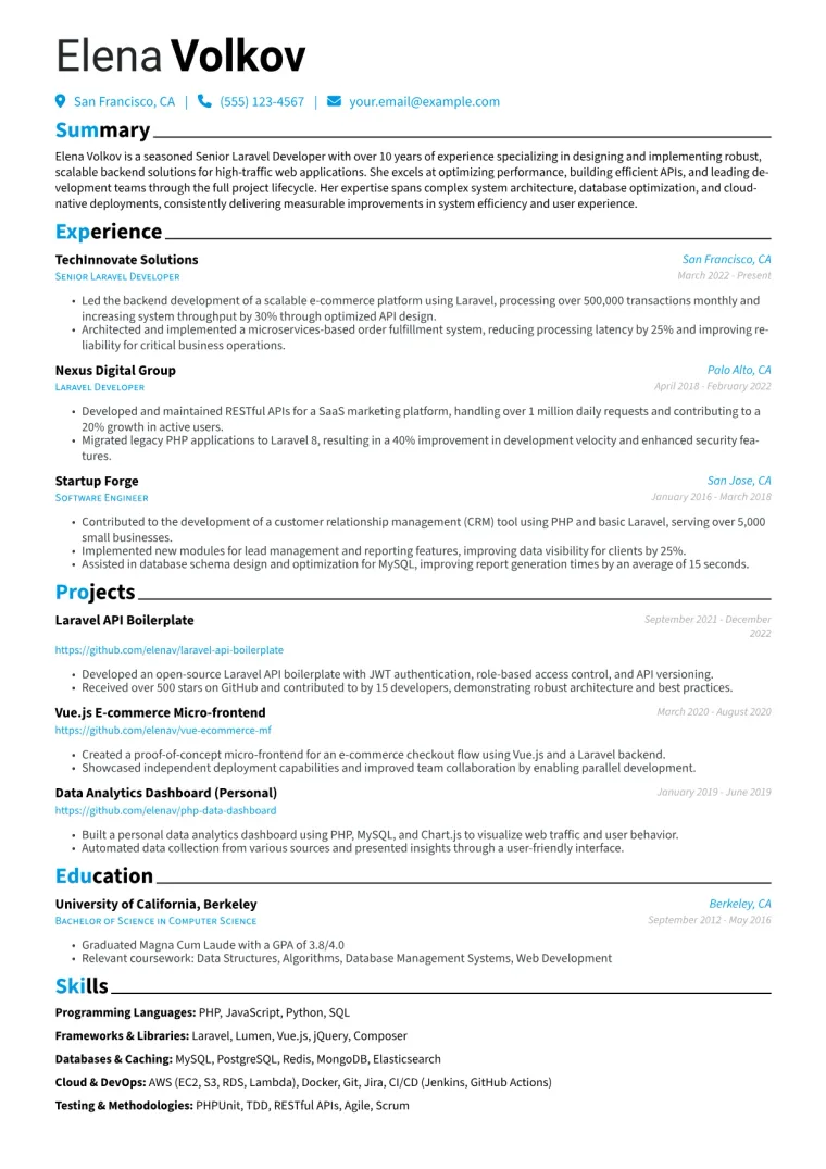 Senior Laravel Developer Resume Example CV template preview