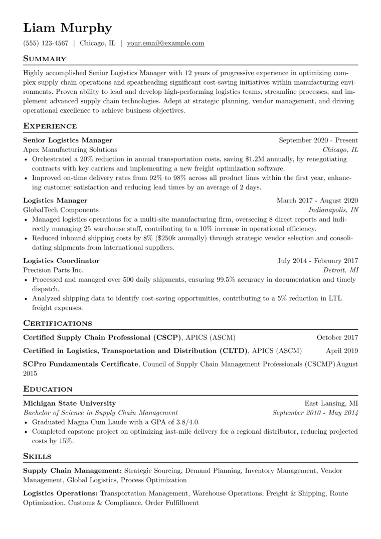 Senior Logistics Manager Resume Example preview