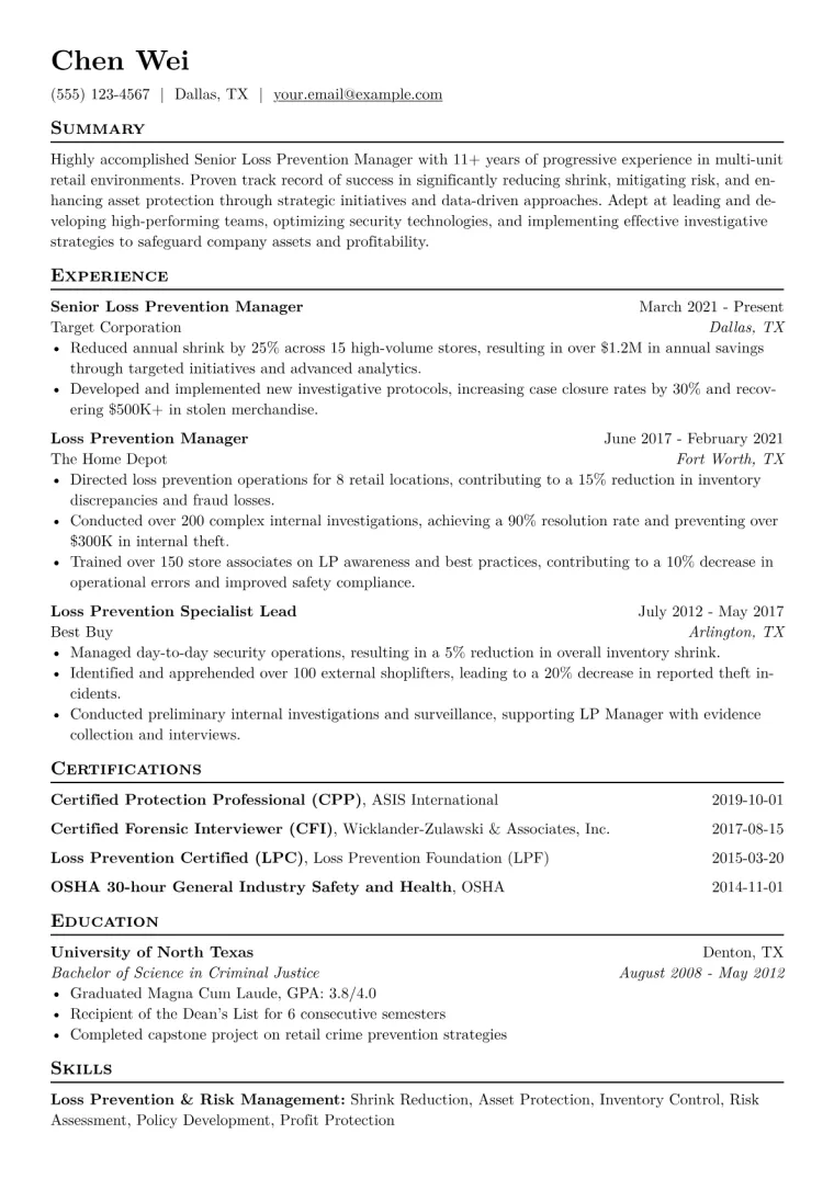 Senior Loss Prevention Manager Resume Example CV template preview