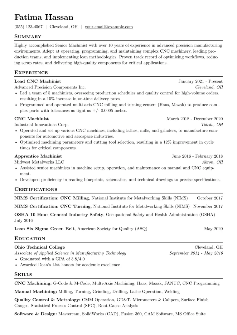 Senior Machinist Resume Example preview