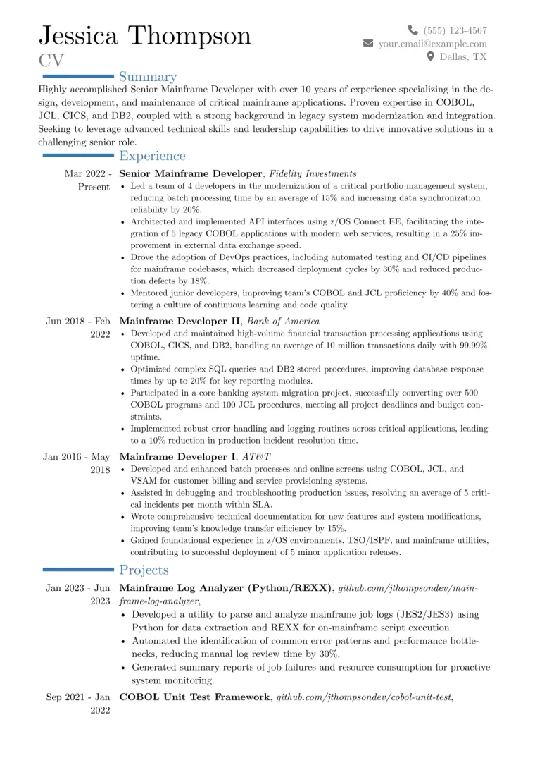 Senior Mainframe Developer Resume Example CV template preview