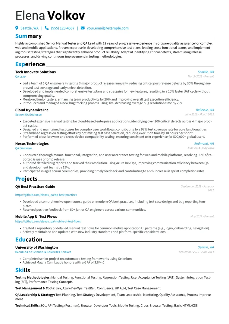 Senior Manual Tester Resume Example CV template preview